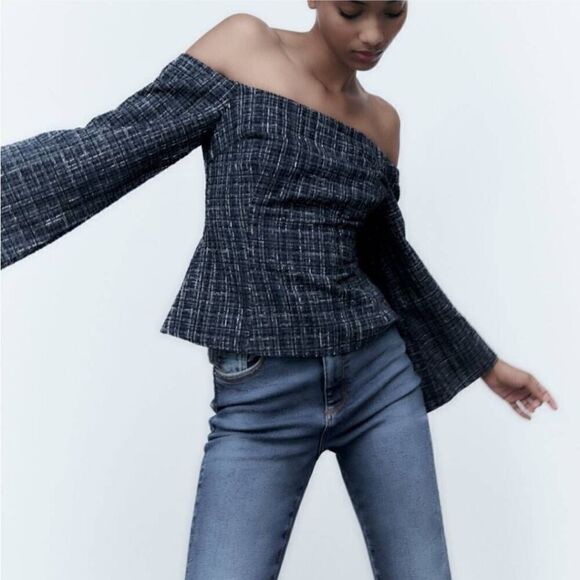 Zara Women's Blue Tweed Textured Off the Shoulder Top Long Sleeve Size Small - Picture 10 of 10